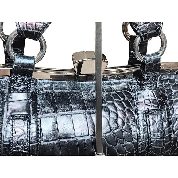 Etro Satchel Bag Black Embossed Leather Top Handle Doctor Frame Handbag Italy - Picture 13 of 15